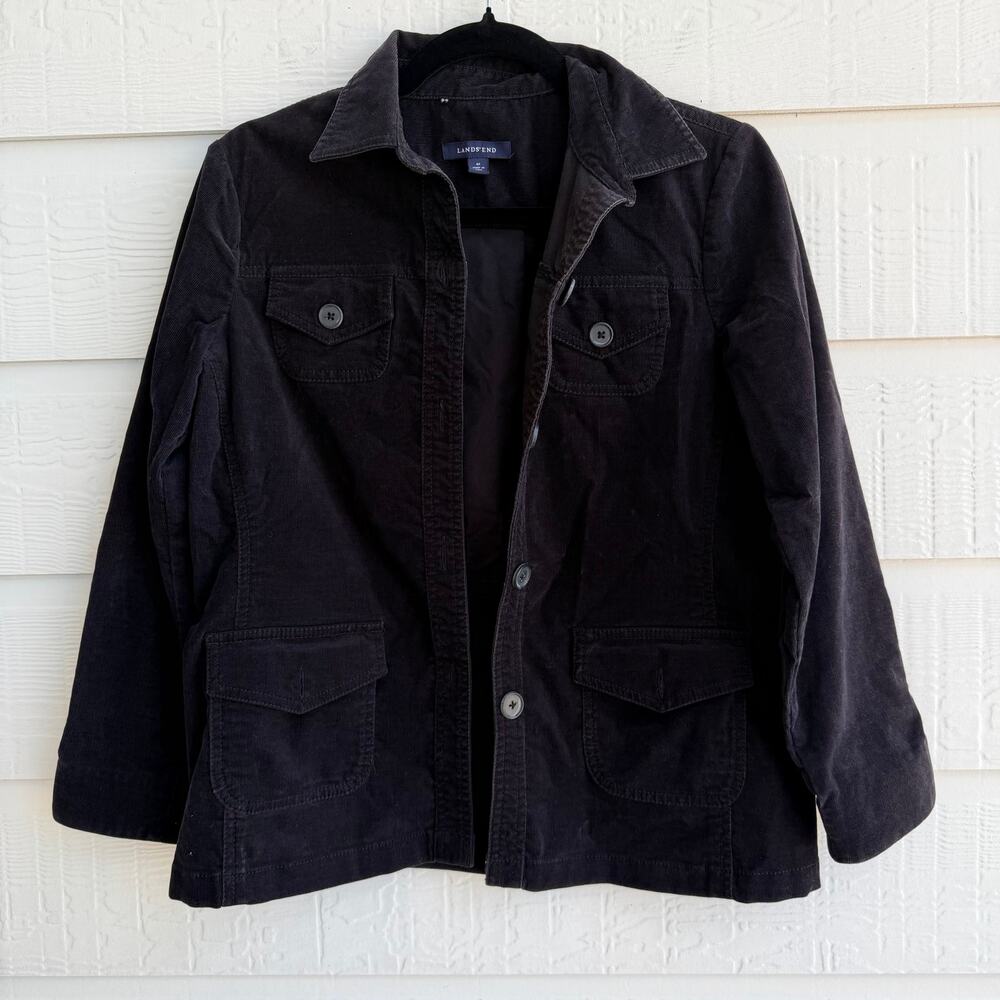 Lands' End Black Corduroy Utility Jacket SP Petite Button Front Chore Coat